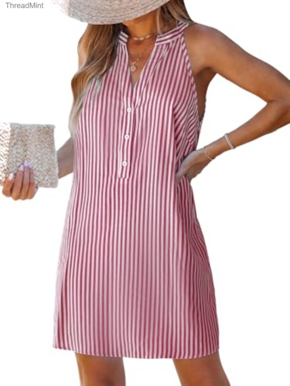 Sleeveless Halter V-Neck Button Up Mini Dress Striped Shift